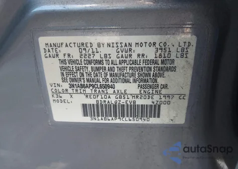 2012 Nissan Sentra 2.0 z USA, uszkodzony, nr VIN 3N1AB6AP9CL650940